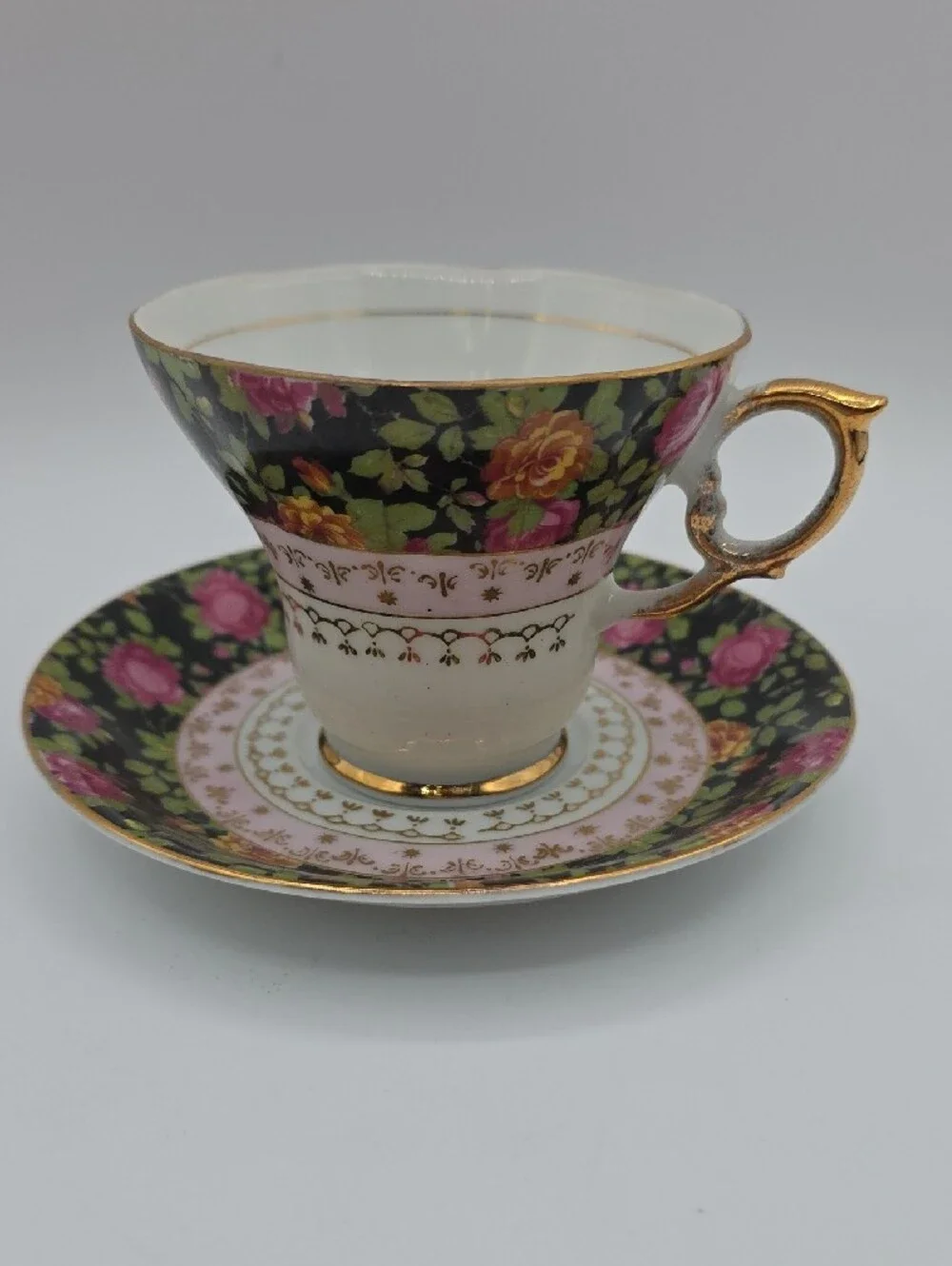 Floral Cup and Saucer Vintage Design # 4683 Multi-Color with Gold Trim
